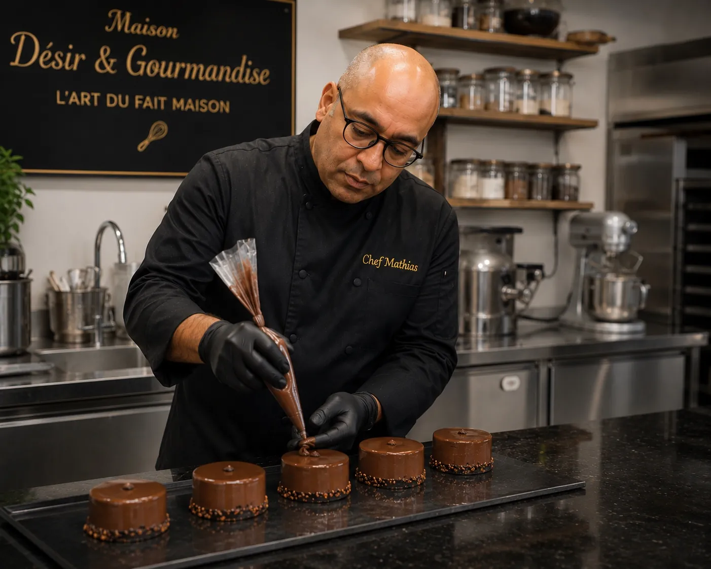 Le Chef Mathias dressant des mignardises dans l'atelier Maison Désir & Gourmandise