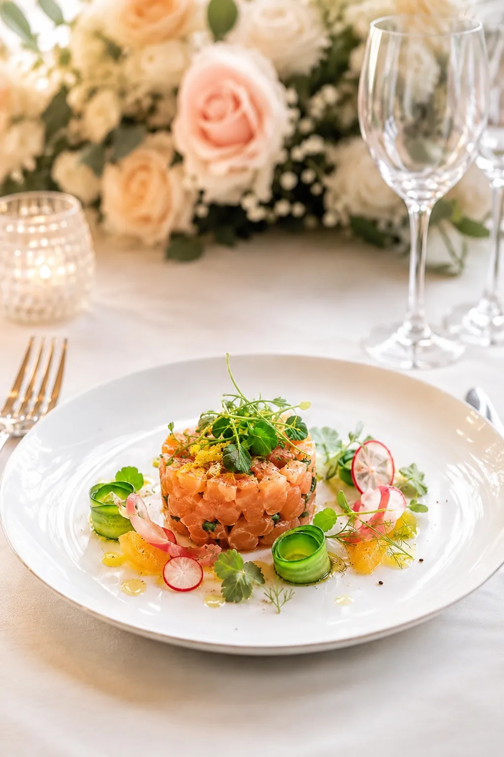 Tartare de saumon dressé pour un vin d'honneur de mariage à Lyon