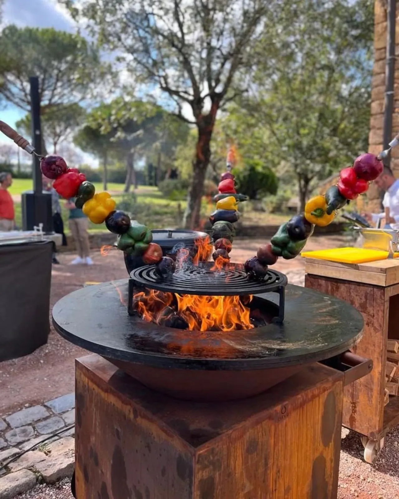 Brochettes colorées grillées à la braise sur le brasero